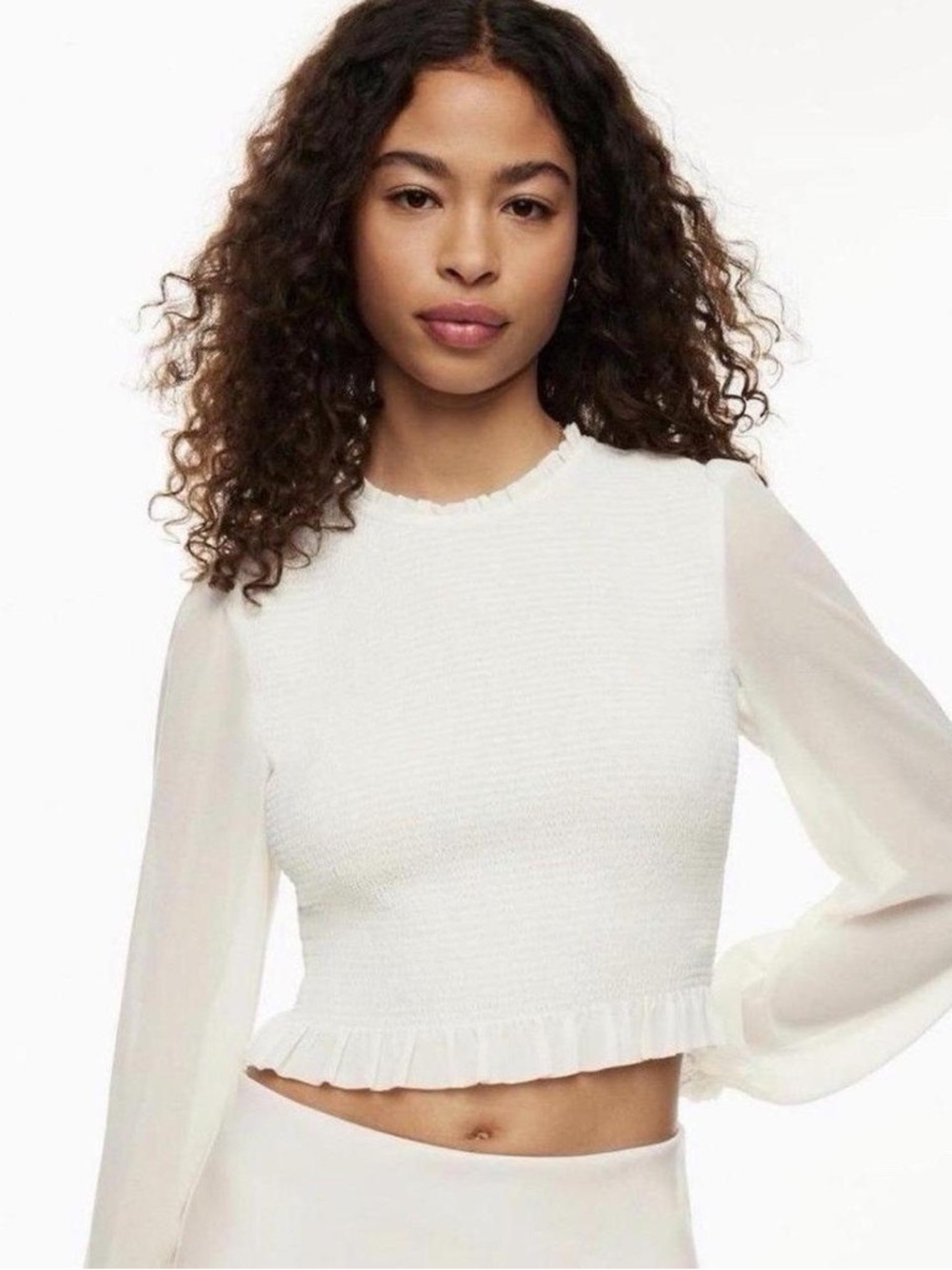Aritzia White Textured Blouse with Sheer Sleeves
